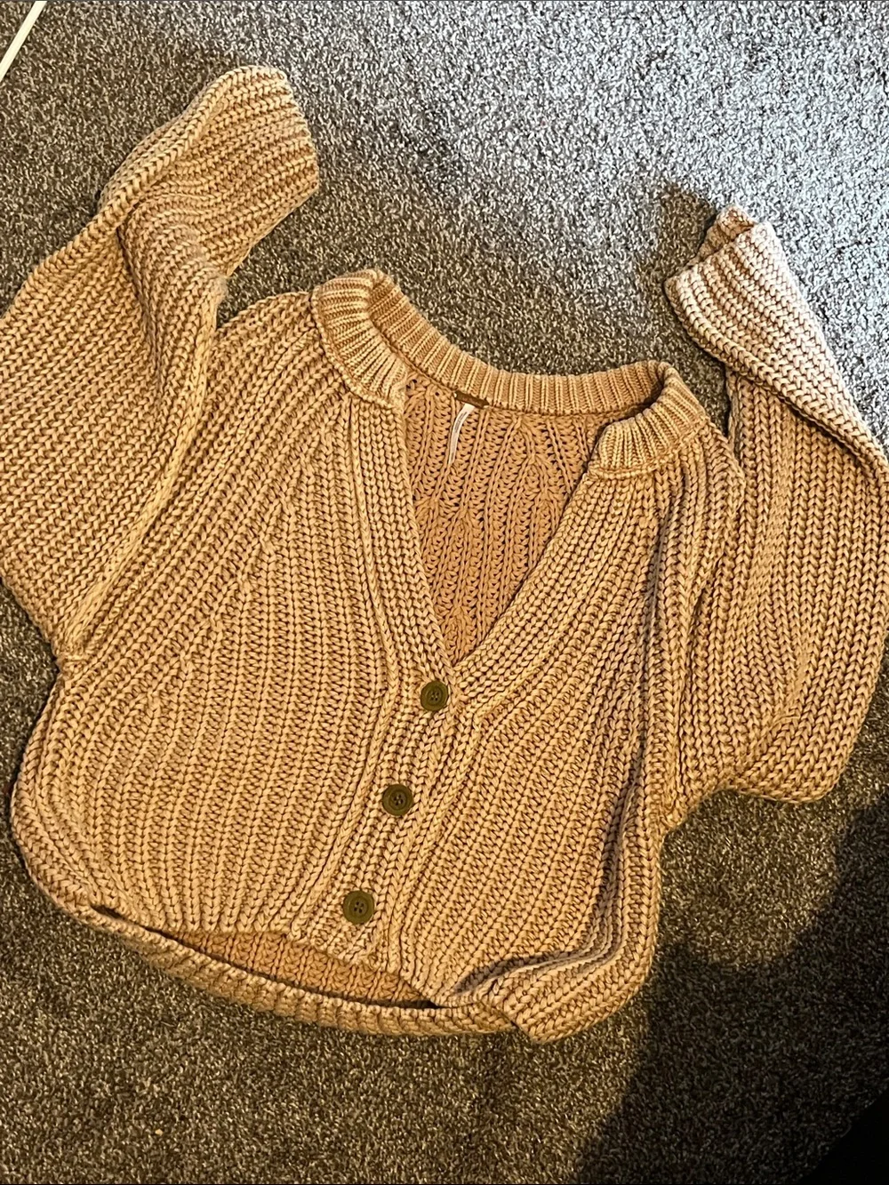 Free People Sweet Nothing Cotton Cardi Sandcastle Chunky Cropped Sweater SZ XS